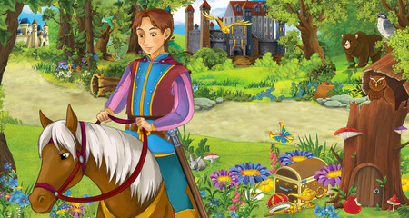cartoon scene with happy young boy prince riding on horse in the forest encountering two castles - illustration for children © honeyflavour