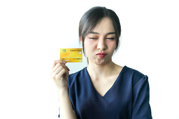 Confused young asia woman having problem with blocked credit card  invalid expired account,...