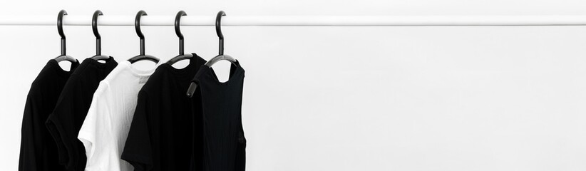 black and white color tone clothes on hangers in wardrobe. Woman minimalist wardrobe. Horizontal...