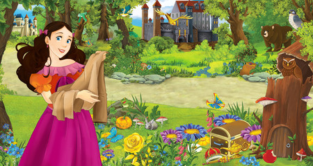 Obraz na płótnie Canvas cartoon scene with young girl princess in the forest near some castles in the forest - illustration for children