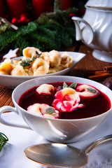 traditional Polish Christmas Eve borscht with dumplings