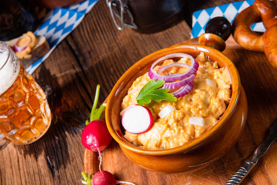 rustic Bavarian obazda with radishes and onions