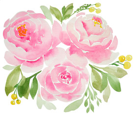 Watercolor bouquet of pink, delicate peonies and roses. Airy, light strokes of paint, green leaves with flower buds. For cards, weddings, celebrations,invitation, design. Isolate on white.