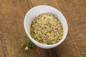 Peeled hemp seeds in the bowl