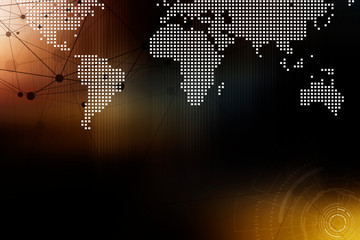Future modern global network connection technology concept background, connecting lines and dots with digital world map on dark background.