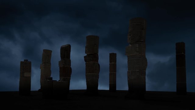 Toltec Warriors Sculptures or Atlantean Columns: Time Lapse with Thunderstorm and Lightning, Tula, Mexico