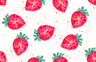 Red strawberry watercolor seamless pattern, red and yellow splashes on white background