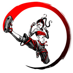 Girl martial artist in the jump makes a circular kick, describing a red arc in the air. 2D Illustration.
