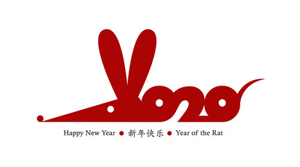 Fototapeta na wymiar Chinese New Year 2020 of the Rat. Vector card design. Hand drawn red rat icon. Zodiac symbol. Chinese hieroglyphs translation: happy new year 2020.