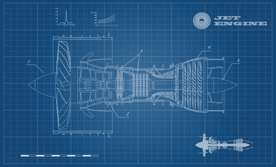 Jet engine of airplane in outline style. Industrial aerospase blueprint. Drawing of plane motor. Part of aircraft. Side view