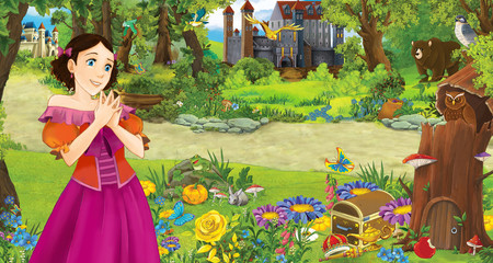 Obraz na płótnie Canvas cartoon scene with young girl princess in the forest near some castles in the forest - illustration for children