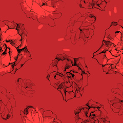 Vector seamless pattern of roses, graphic drawing ink and pen.