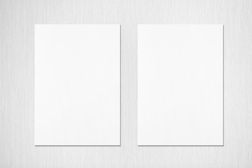 Two empty white vertical rectangle poster mockups with soft shadows on neutral light grey textured background. Flat lay, top view