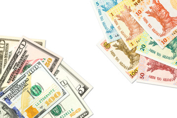 some moldovan leu banknotes and american dollar banknotes indicating bilateral economic relations