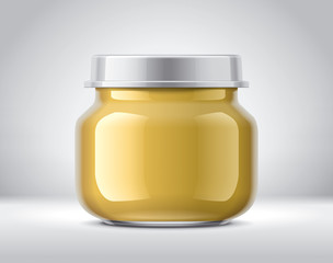 Jar for baby nutrition on background. Small size