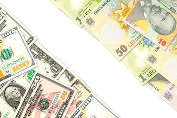 some romanian leu banknotes and american dollar banknotes indicating bilateral economic relations with copyspace