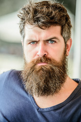 Fototapeta premium Man with beard and mustache thoughtful troubled. Making important life choices. Making hard decision. Bearded man concentrated face. Hipster with beard thoughtful expression. Thoughtful mood concept