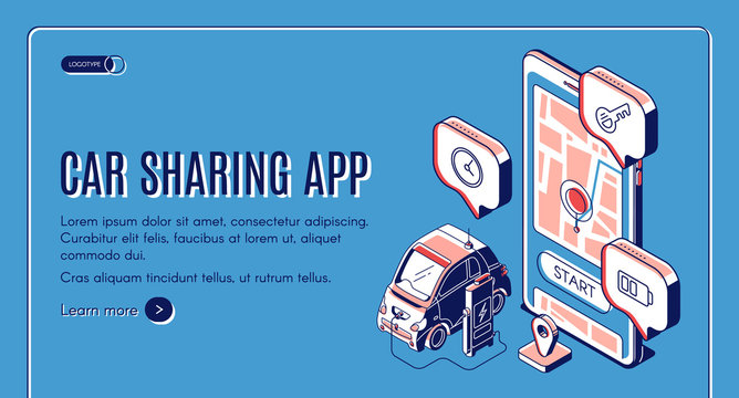 Car sharing app isometric landing page. Mobile service for city transportation, online carsharing, auto charging at huge smartphone with gps mark on screen. 3d vector illustration, line art web banner
