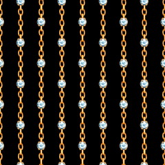 Gemstones and chains seamless patterns. Borders set isolated on white