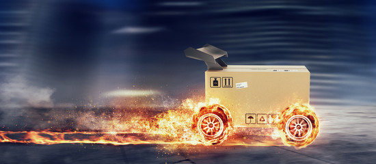 Priority Cardboard box with racing wheels on fire. Fast shipping by road. - obrazy, fototapety, plakaty