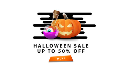 Halloween sale, up to 50% off, white stylish minimalist greeting postcard with pumpkin Jack and witch's potion