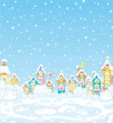 Christmas background with colorful houses of a small toy town on a snowy winter day, vector illustration in a cartoon style