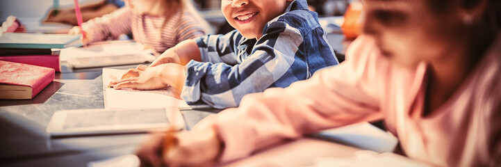 Fototapeta premium Portrait of smiling schoolboy doing his homework in classroom