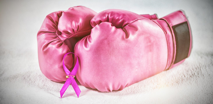 Close-up of pink Breast Cancer Awareness ribbon with boxing gloves