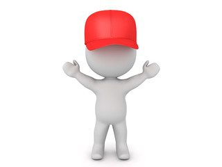 3D Character with arms raised wearing red baseball cap