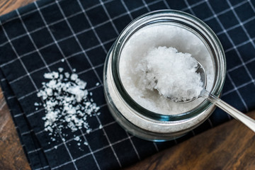 Maldon Sea Salt flakes in Jar with Spoon.