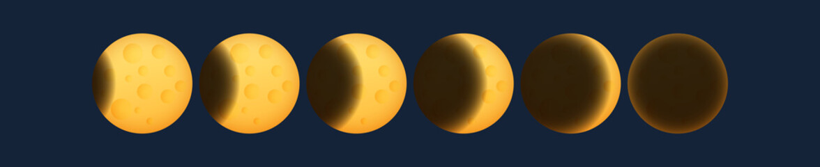 Lunar eclipse, phases of the yellow moon, earth shadow on the moon, space planet with craters in the universe, vector illustration