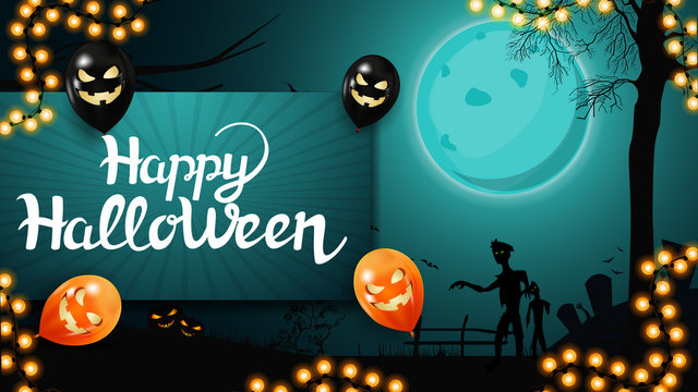 Greeting postcard, happy Halloween, trick or treat, card with halloween landscape on the background