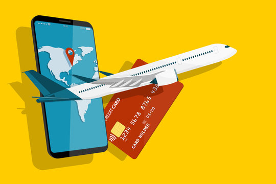 Aircraft On A Background Of Phone With World's Map On The Screen And Credit Card. Travel Concept.