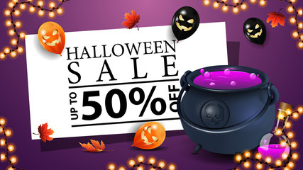 Halloween sale, up to 50% off, purple discount banner with witch's cauldron with potion