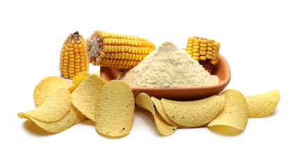 Corn tortilla chips with corn flour in clay pot, bowl and maize cob isolated on white background