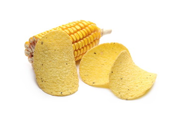 Corn tortilla chips with maize cob isolated on white background