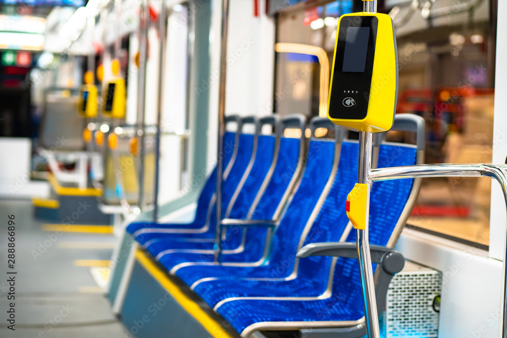 Poster public transport. bus inside view. places for passengers. handrails on the bus. empty public transpo