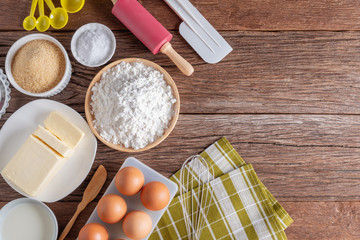 Ingredients and tools for homemade baking, cooking bakery. Top view and Copy space.