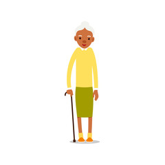 Happy african old woman. Cute grandmother standing and smiling. Traditional retirement lifestyle. Older black lady retired. Cartoon illustration isolated on white background in flat style