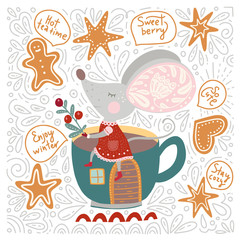 Christmas funny cartoon hand drawn mouse card in a flat and doodle style. Winter vector poster with cute New Year mice and cup house.
