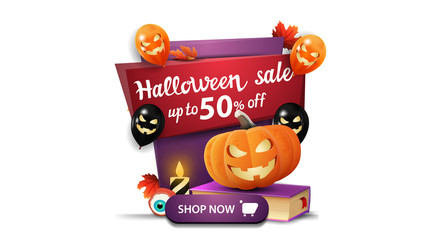Halloween sale, up to 50% off, vertical discount banner in cartoon style with Halloween balloons, spell book and pumpkin Jack