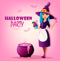 Halloween party. Beautiful lady witch