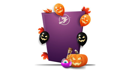 Halloween template, vertical purple template in cartoon style with Halloween balloons, pumpkin Jack and witch's potion