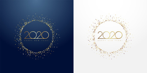 2020 in golden sparkling ring with dust glitter graphic on dark blue and white background. Happy New Year decorative glowing shiny design for award celebration