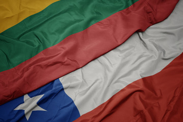 waving colorful flag of chile and national flag of lithuania.