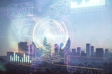 Data theme hologram drawing on city view with skyscrapers background multi exposure. Bigdata...