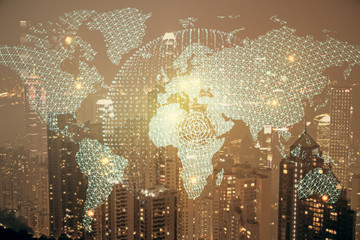 Double exposure of business theme hologram drawing and city veiw background. Concept of success.