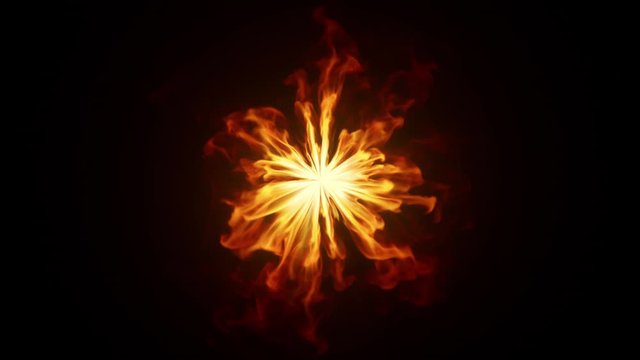 A round clot of fiery energy emitting flames in slow motion. on an isolated black background. Seamless loop 3d render