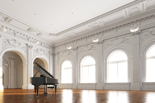 black grand piano in white ancient interior 3d render