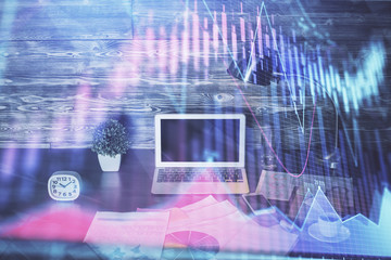 Multi exposure of forex graph and work space with computer. Concept of international online trading.